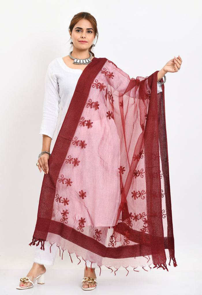 Women's Orgenza All Over Chikan Work Maroon Dupatta
