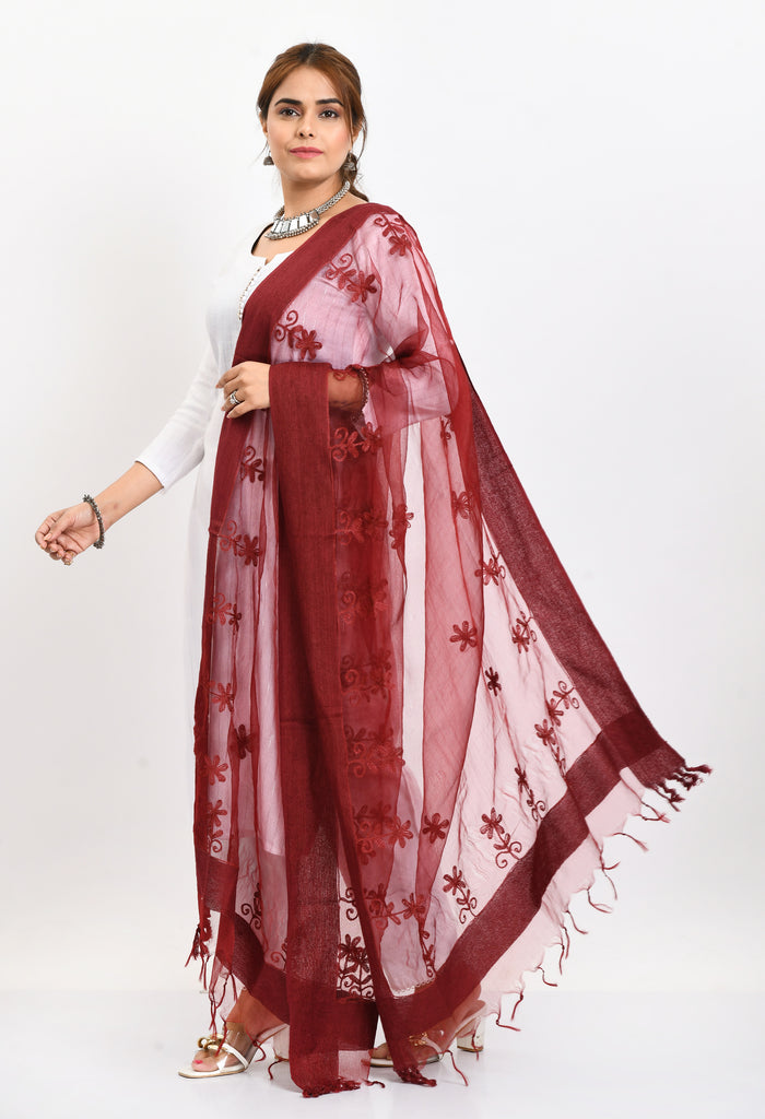 Women's Orgenza All Over Chikan Work Maroon Dupatta