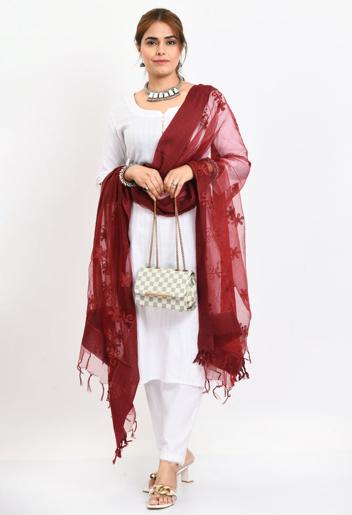 Women's Orgenza All Over Chikan Work Maroon Dupatta