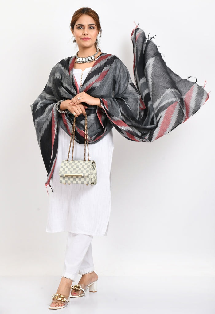 Women's Handloom Cotton Ikkat Maroon/Black Dupatta