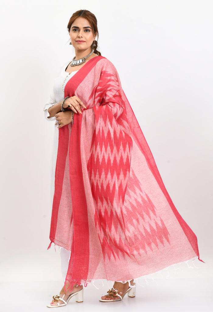 Women's Handloom Cotton Ikkat Pink Dupatta