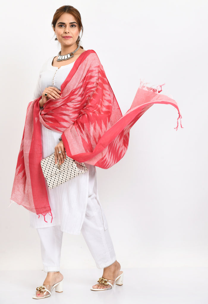 Women's Handloom Cotton Ikkat Pink Dupatta