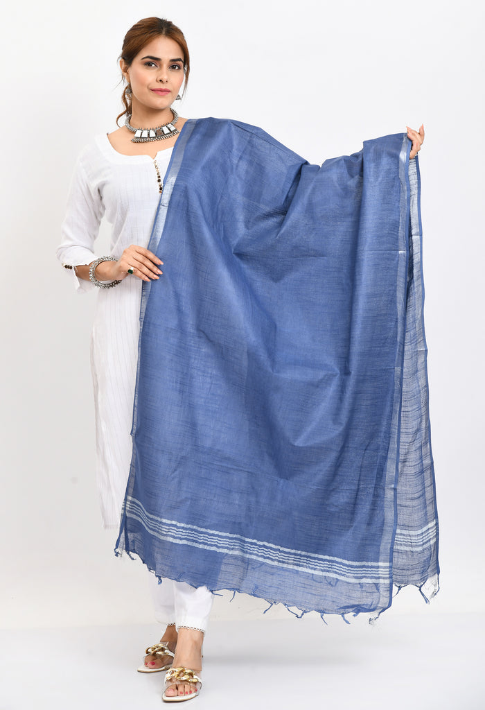 Women's Linen Cotton Silver Border Blue Dupatta