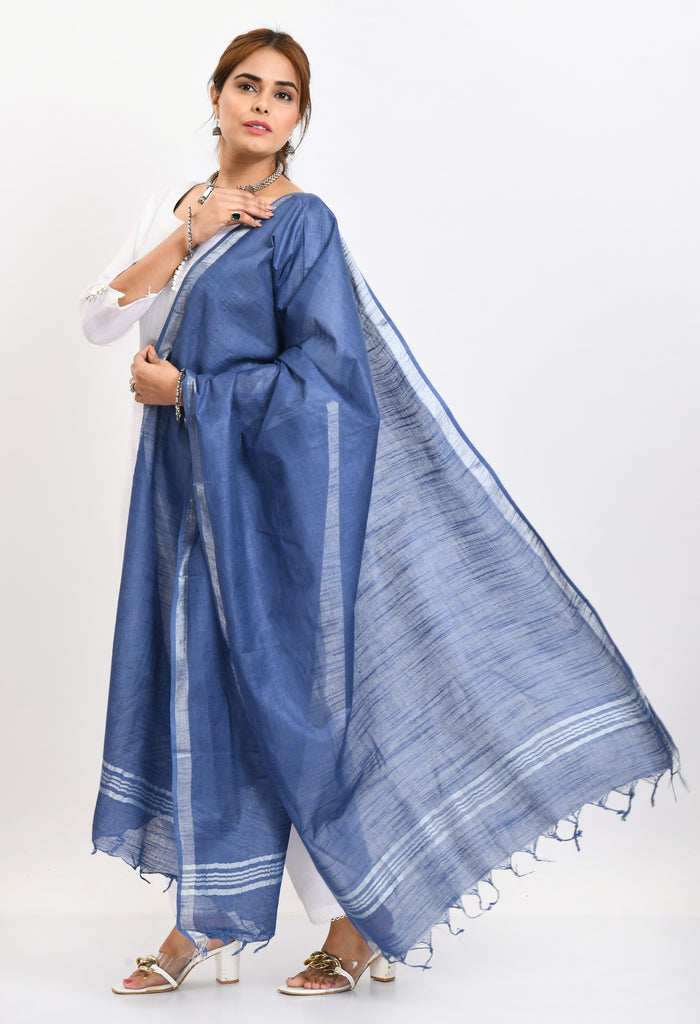 Women's Linen Cotton Silver Border Blue Dupatta