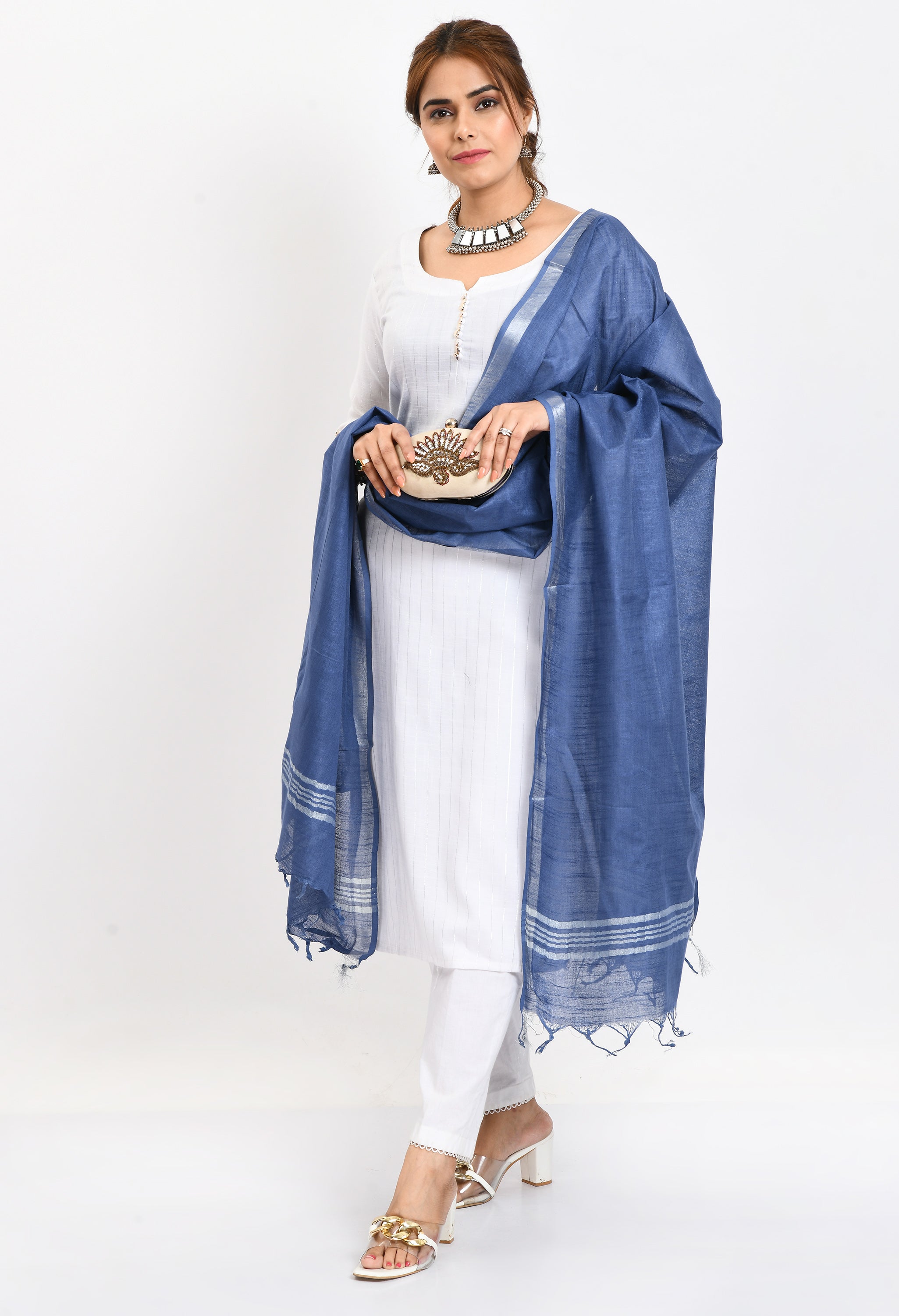 Women's Linen Cotton Silver Border Blue Dupatta - Moeza