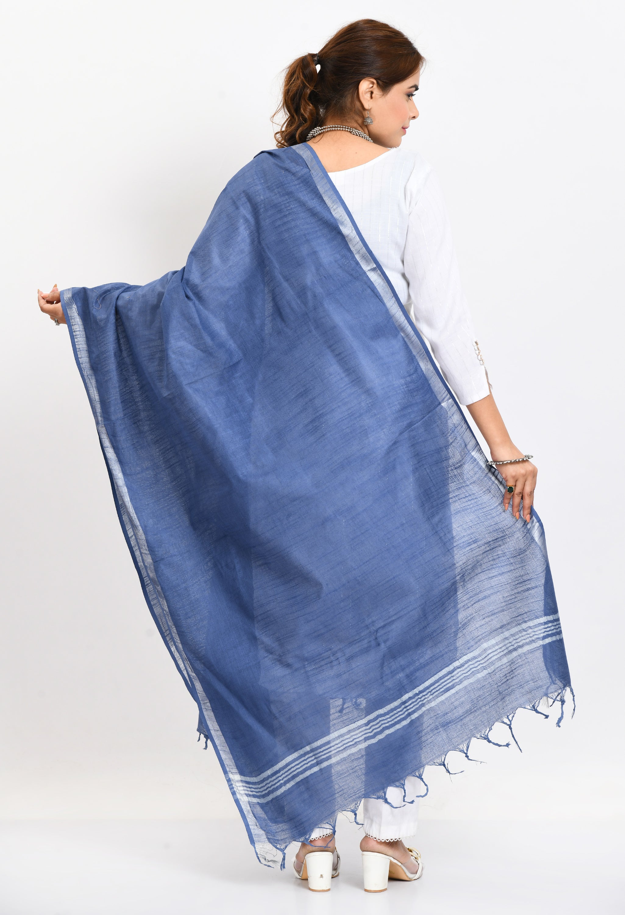 Women's Linen Cotton Silver Border Blue Dupatta - Moeza