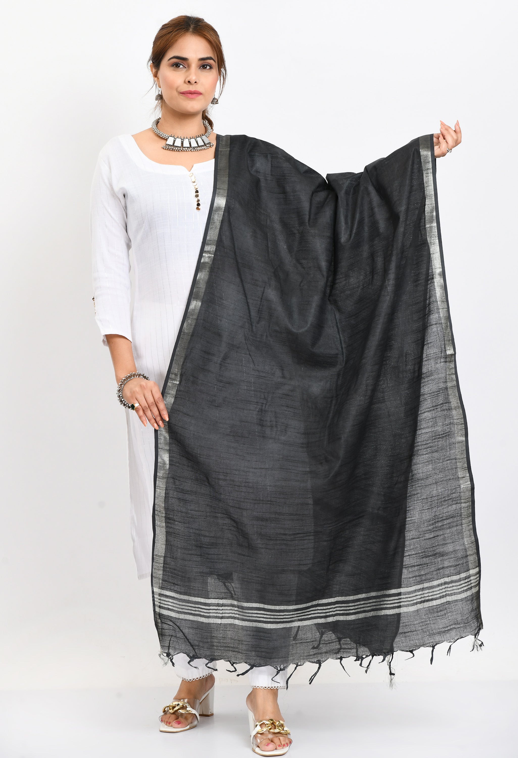 Women's Linen Cotton Silver Border Black Dupatta - Moeza