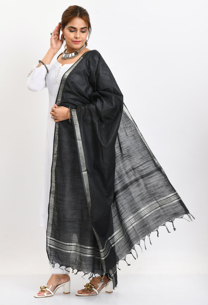 Women's Linen Cotton Silver Border Black Dupatta