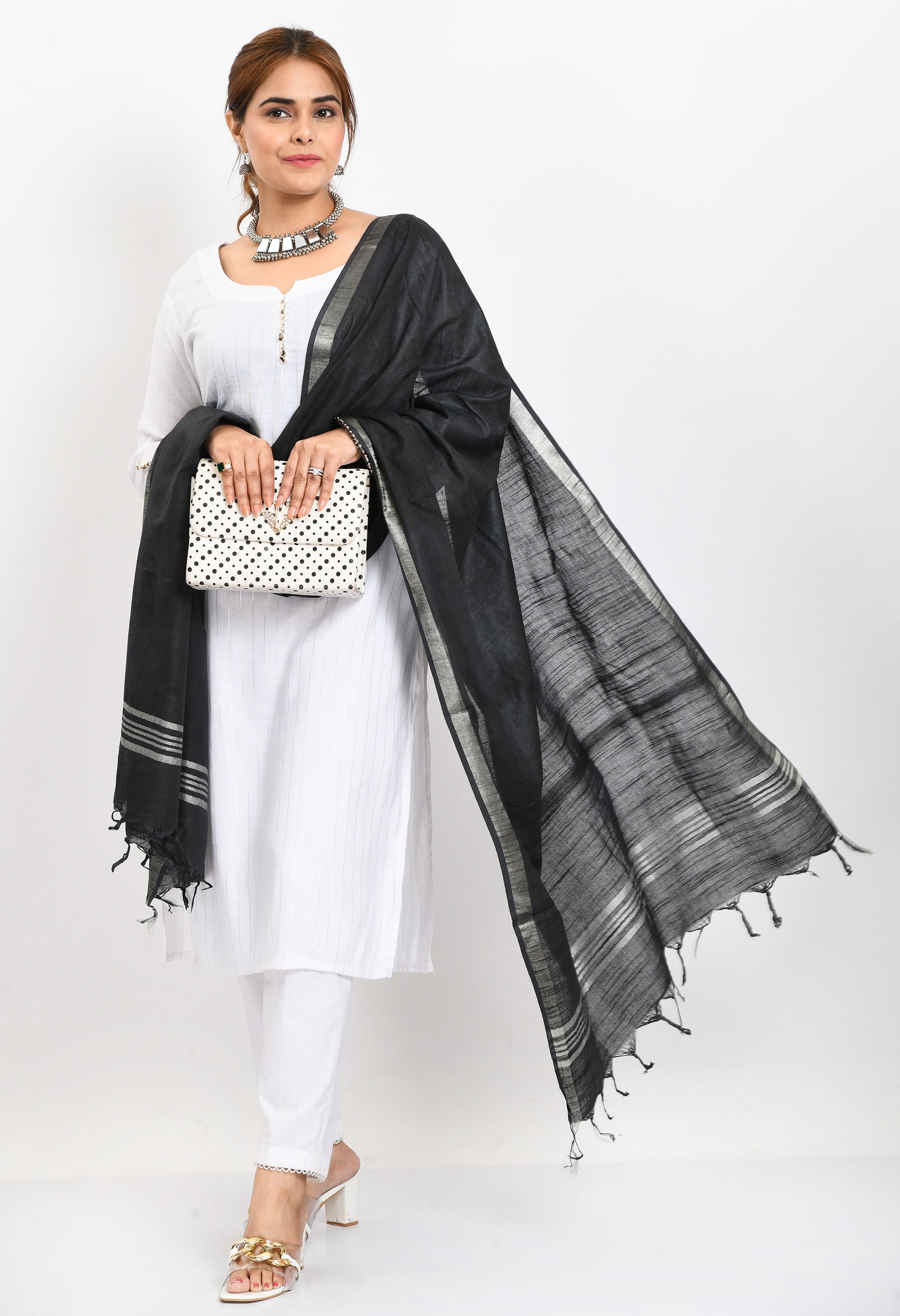 Women's Linen Cotton Silver Border Black Dupatta - Moeza