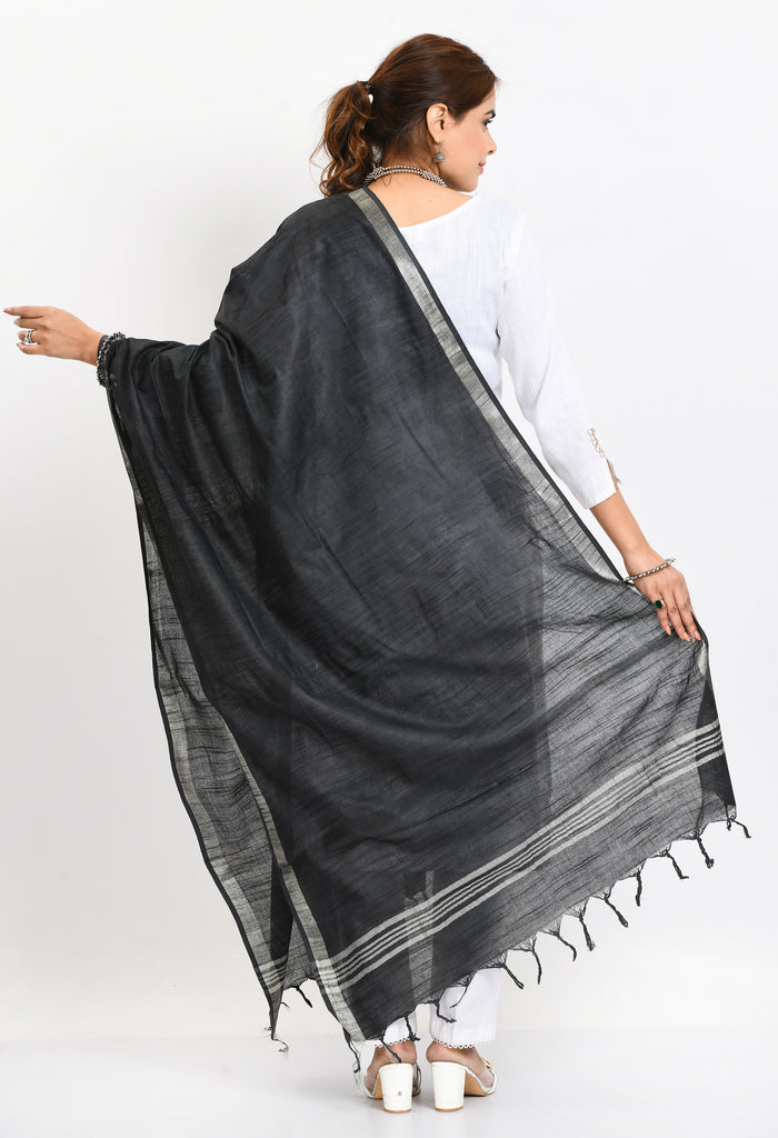 Women's Linen Cotton Silver Border Black Dupatta