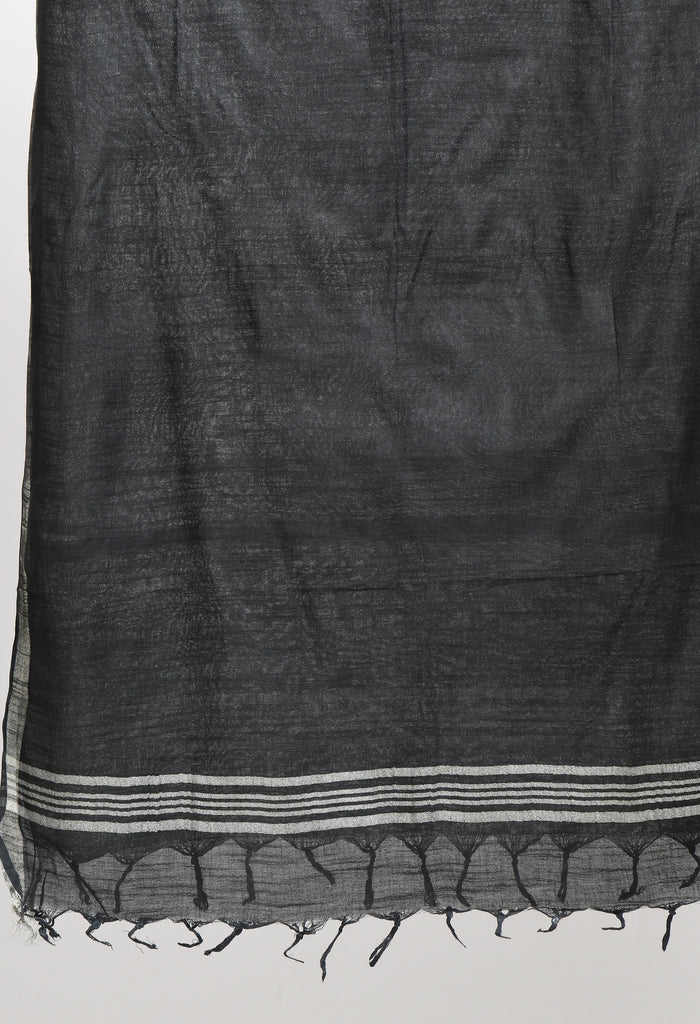 Women's Linen Cotton Silver Border Black Dupatta