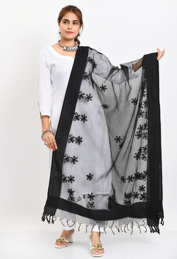 Women's Orgenza All Over Chikan Work Black Dupatta