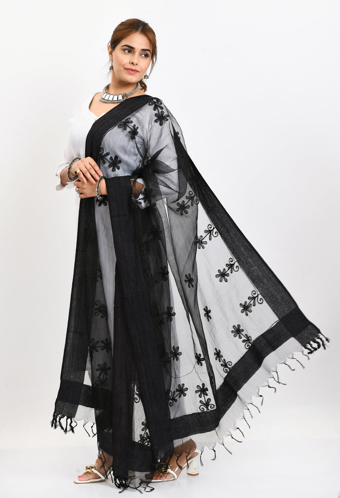 Women's Orgenza All Over Chikan Work Black Dupatta