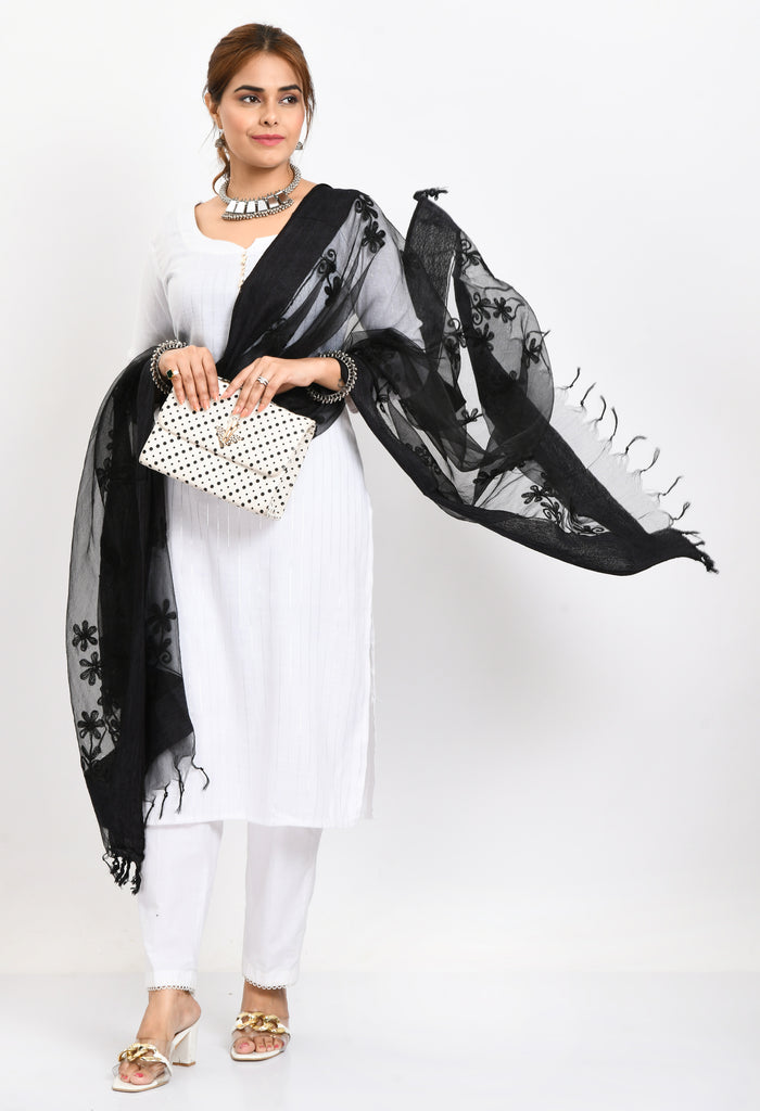 Women's Orgenza All Over Chikan Work Black Dupatta