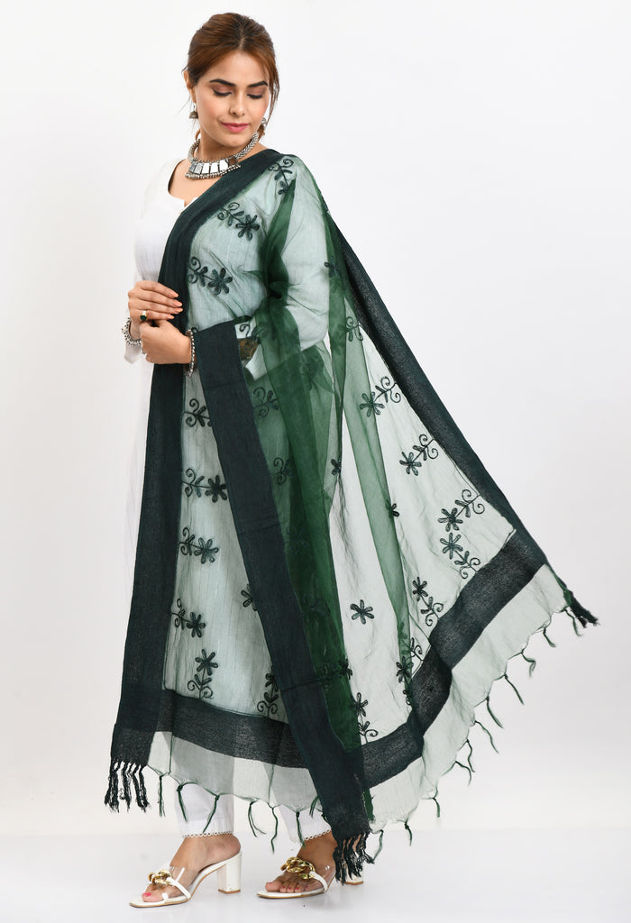 Women's Orgenza All Over Chikan Work Bottle Green Dupatta