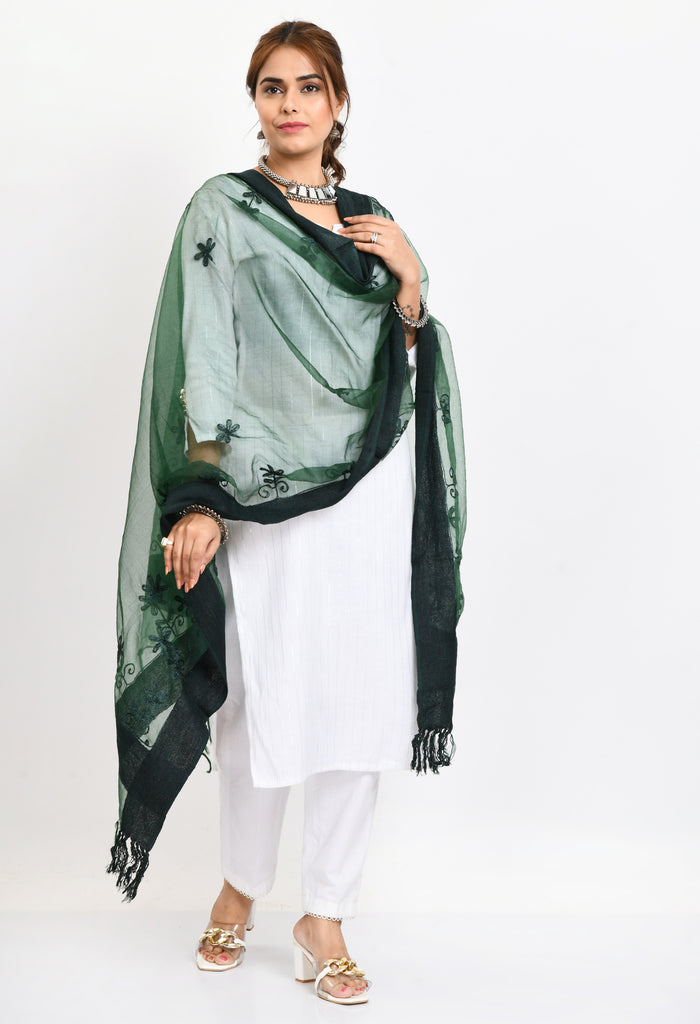 Women's Orgenza All Over Chikan Work Bottle Green Dupatta