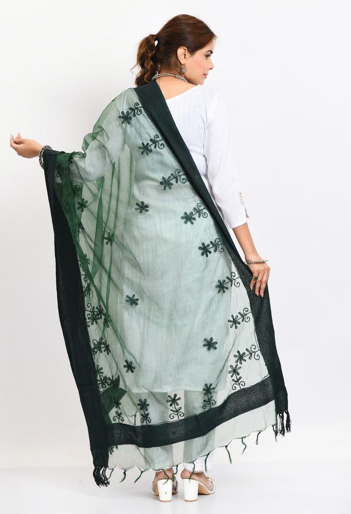 Women's Orgenza All Over Chikan Work Bottle Green Dupatta