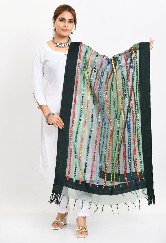 Women's Orgenza Multi Thread Mirror Work Bottle Green Dupatta