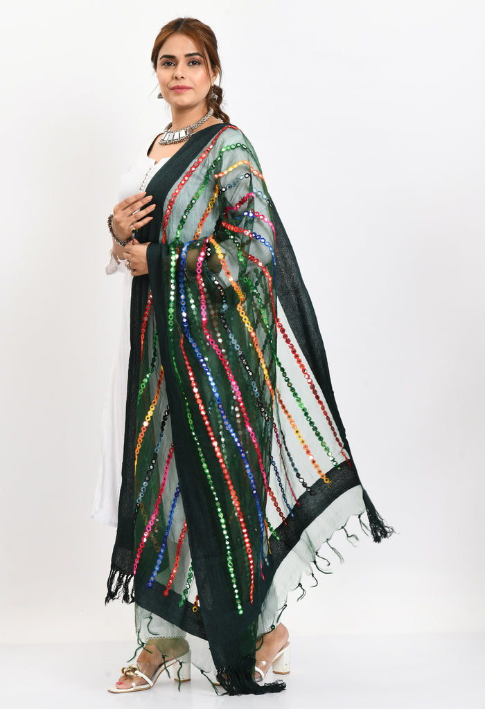 Women's Orgenza Multi Thread Mirror Work Bottle Green Dupatta