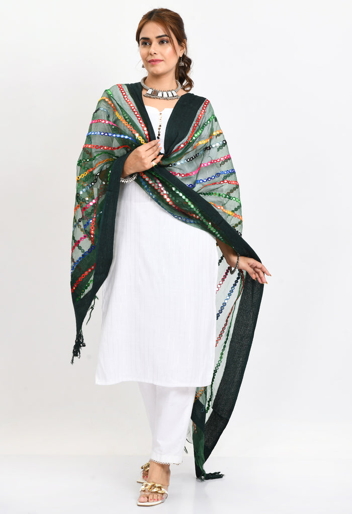 Women's Orgenza Multi Thread Mirror Work Bottle Green Dupatta