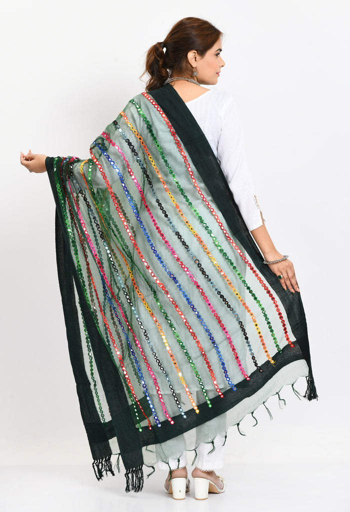 Women's Orgenza Multi Thread Mirror Work Bottle Green Dupatta