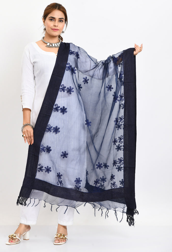 Women's Orgenza All Over Chikan Work Navy Blue Dupatta