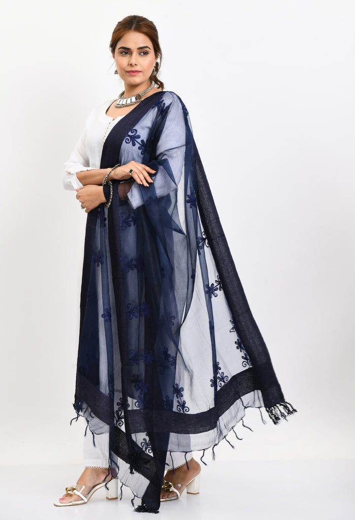 Women's Orgenza All Over Chikan Work Navy Blue Dupatta