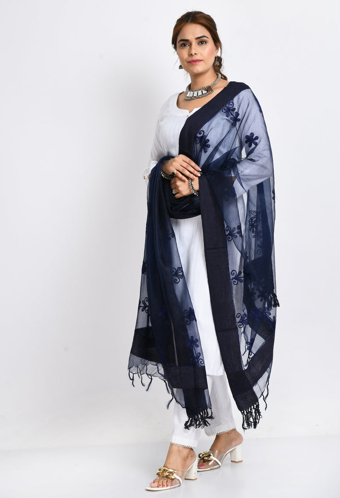 Women's Orgenza All Over Chikan Work Navy Blue Dupatta