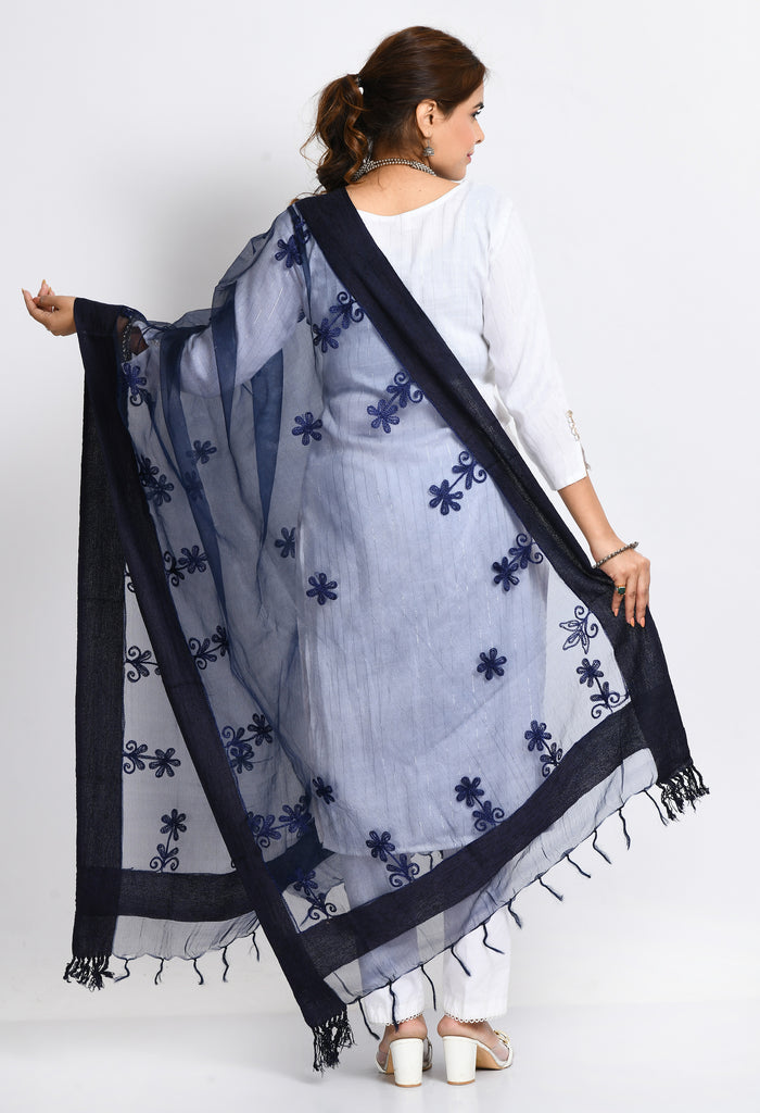 Women's Orgenza All Over Chikan Work Navy Blue Dupatta