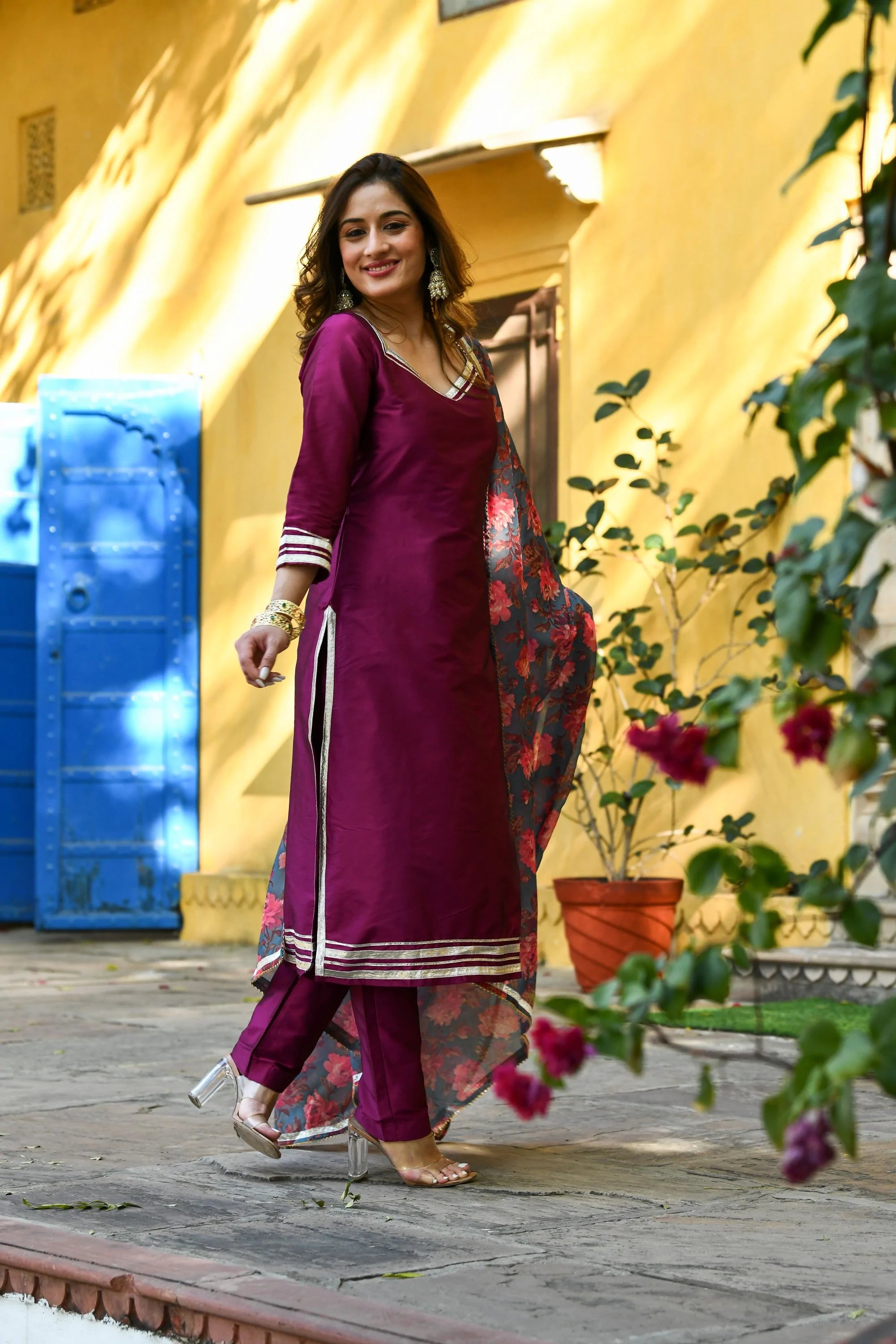 Women's Purple Suit Set With Dupatta- (3Pcs) - Saras The Label