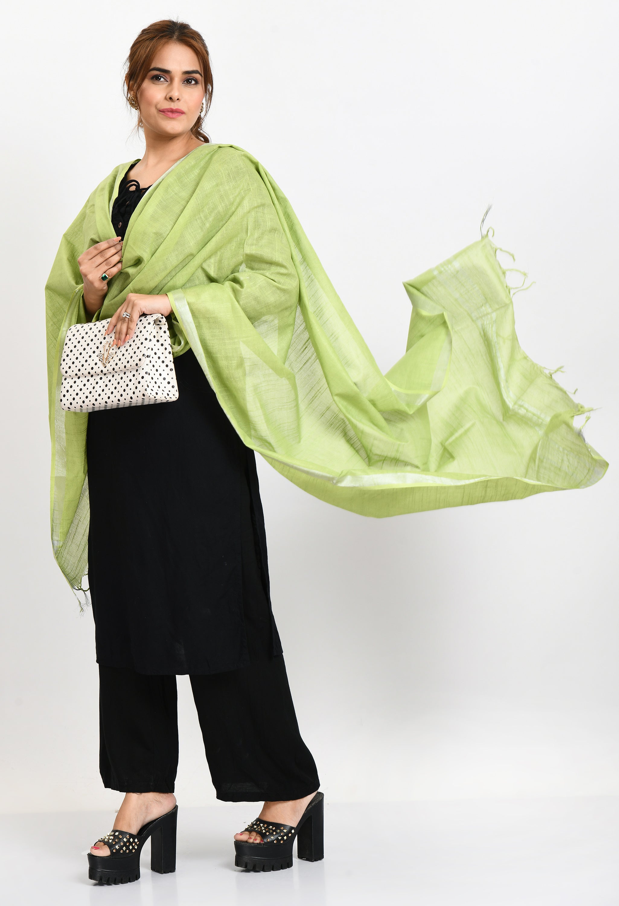 Women's Linen Cotton Silver Border Parrot Green Dupatta - Moeza