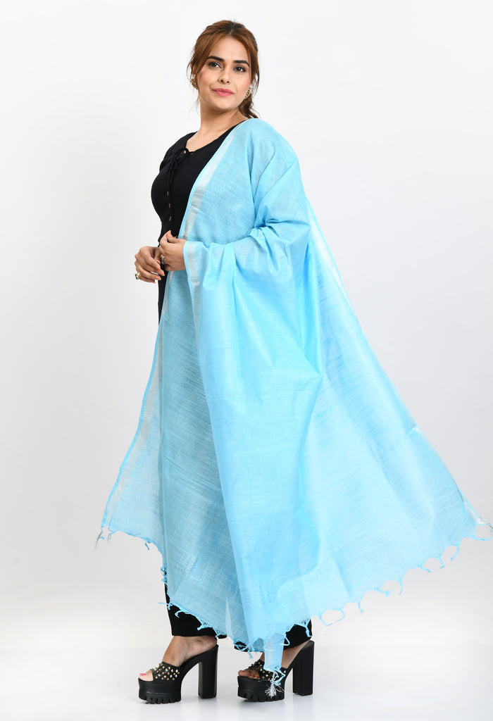 Women's Linen Cotton Silver Border Sky Blue Dupatta