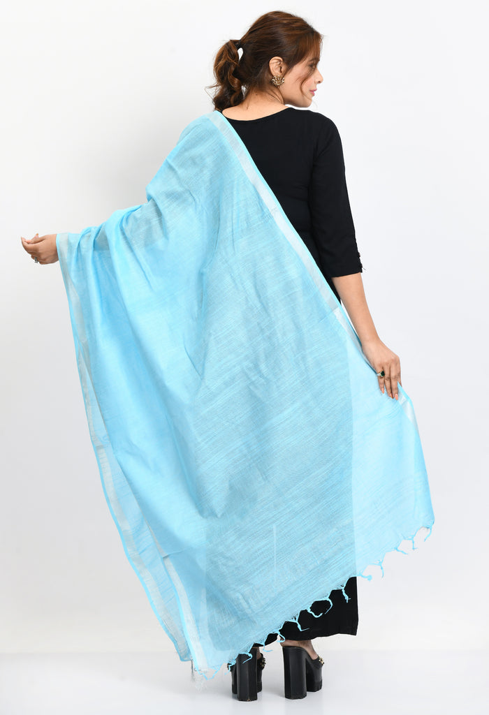 Women's Linen Cotton Silver Border Sky Blue Dupatta