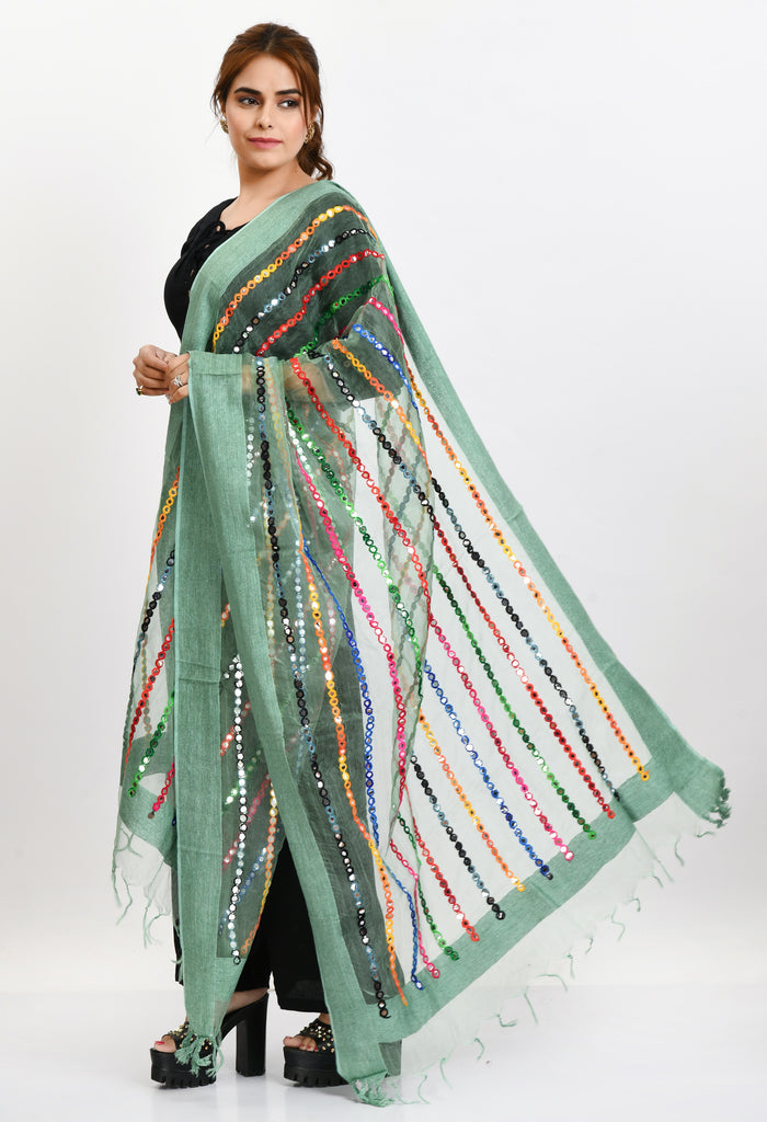 Women's Orgenza Multi Thread Mirror Work Pista Green Dupatta