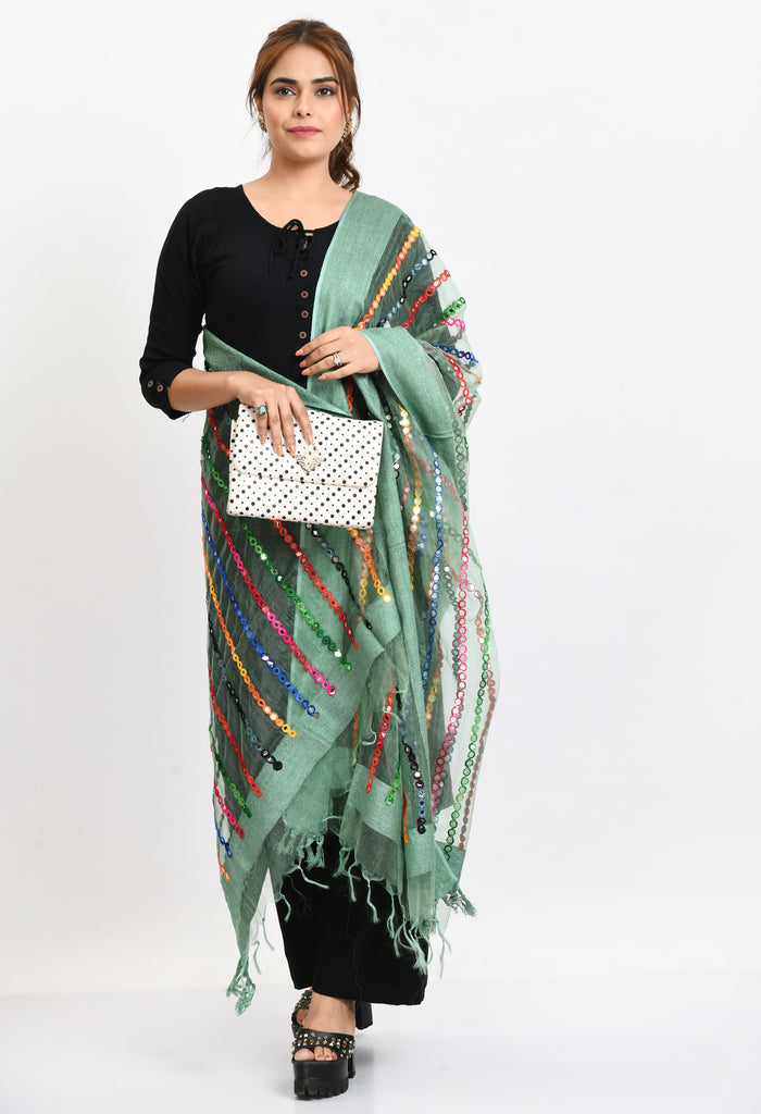 Women's Orgenza Multi Thread Mirror Work Pista Green Dupatta