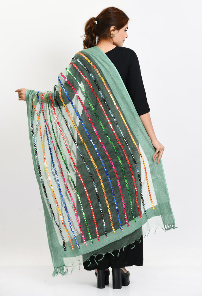 Women's Orgenza Multi Thread Mirror Work Pista Green Dupatta