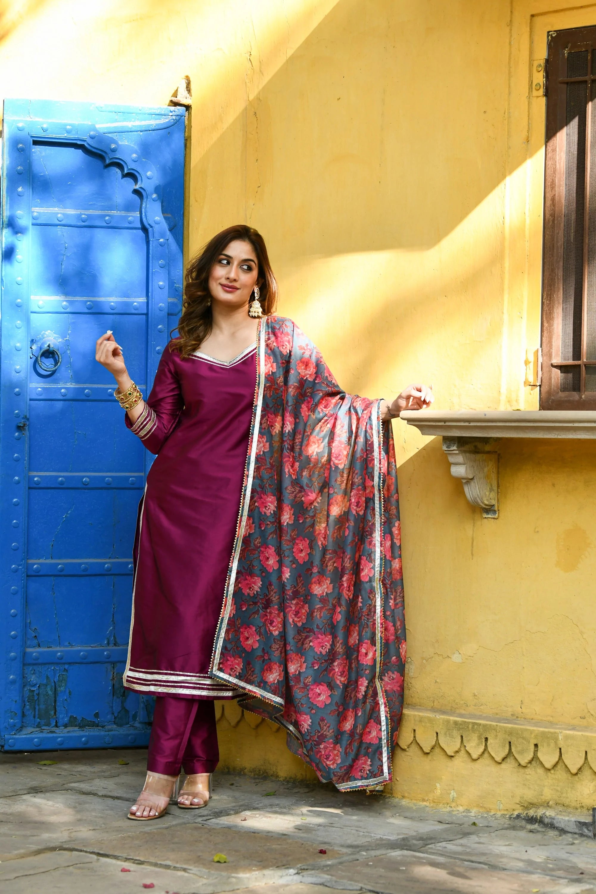 Women's Purple Suit Set With Dupatta- (3Pcs) - Saras The Label