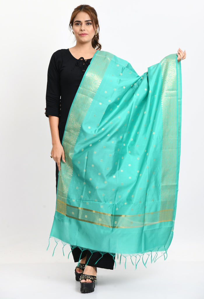 Women's Banarsi Silk Woven Design Sea Green Dupatta