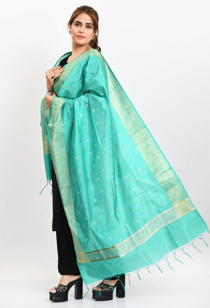 Women's Banarsi Silk Woven Design Sea Green Dupatta