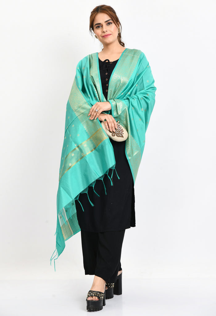 Women's Banarsi Silk Woven Design Sea Green Dupatta