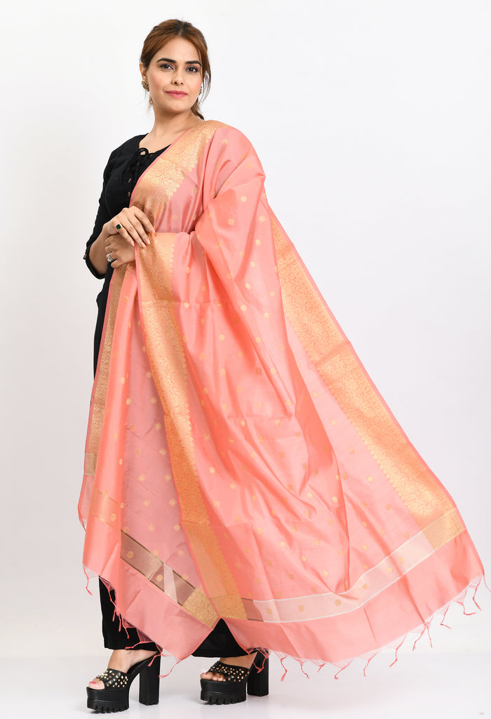 Women's Banarsi Silk Woven Design Baby Pink Dupatta