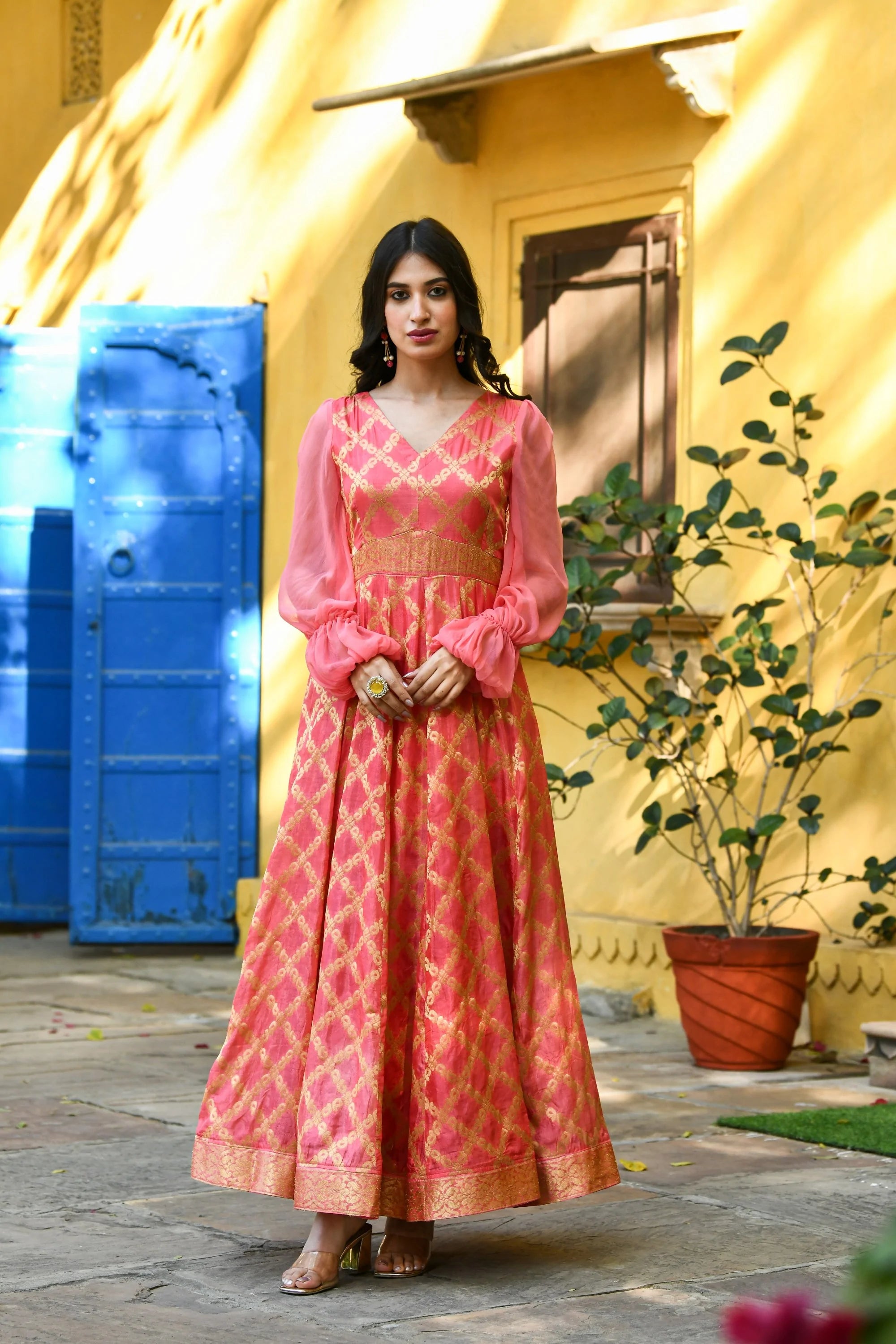Women's Pink Silk Gown With Balloon Sleeves -(1Pc) - Saras The Label