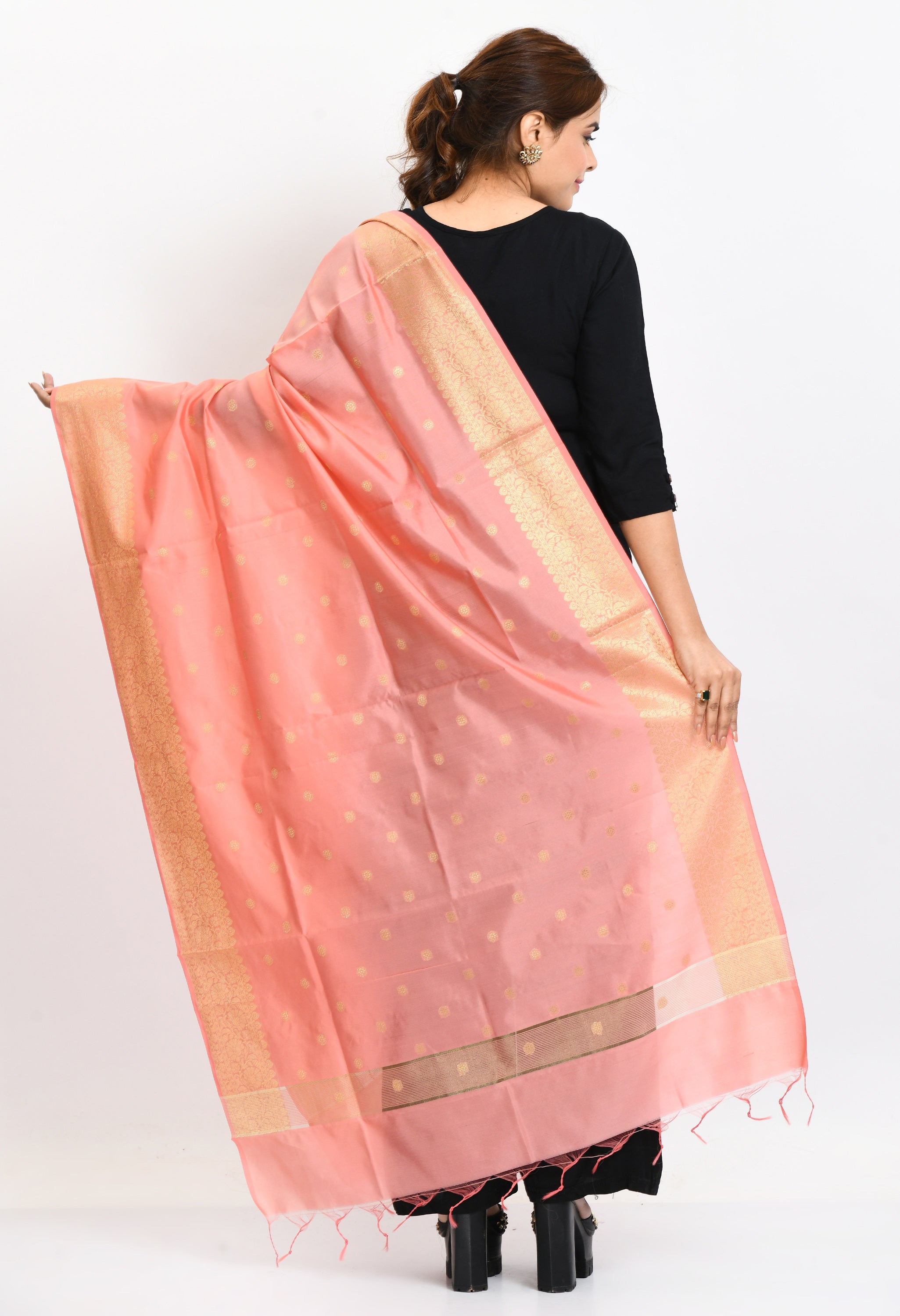 Women's Banarsi Silk Woven Design Baby Pink Dupatta - Moeza