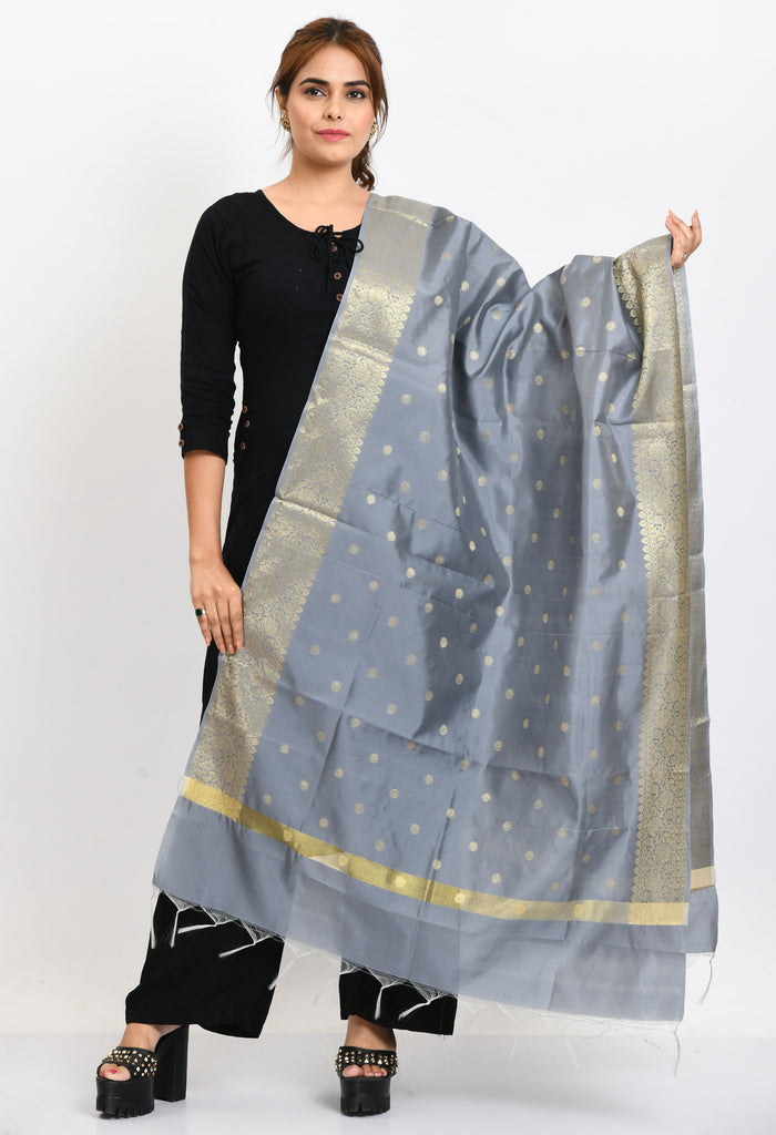 Women's Banarsi Silk Woven Design Grey Dupatta