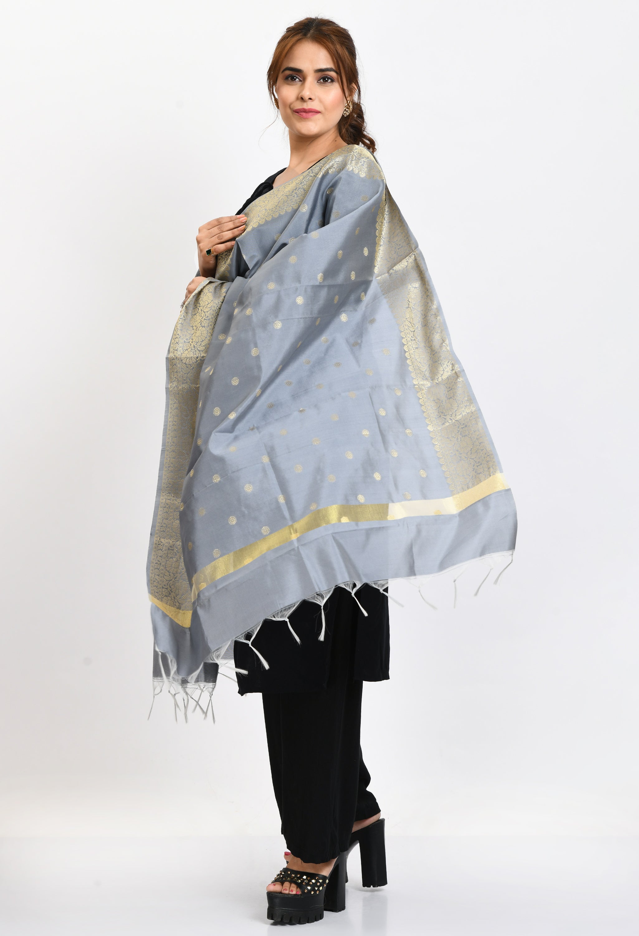 Women's Banarsi Silk Woven Design Grey Dupatta - Moeza