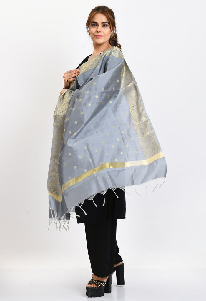 Women's Banarsi Silk Woven Design Grey Dupatta