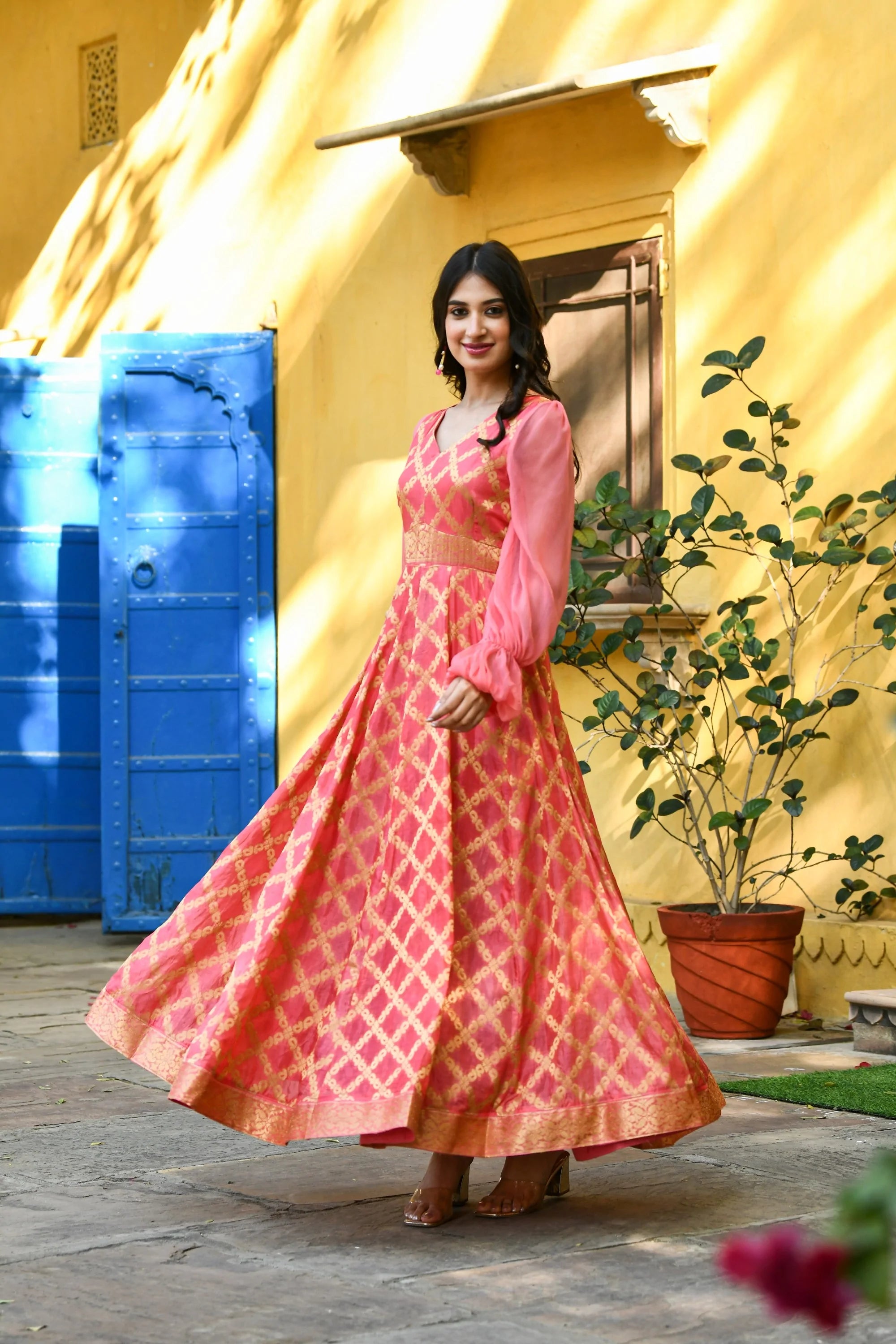 Women's Pink Silk Gown With Balloon Sleeves -(1Pc) - Saras The Label