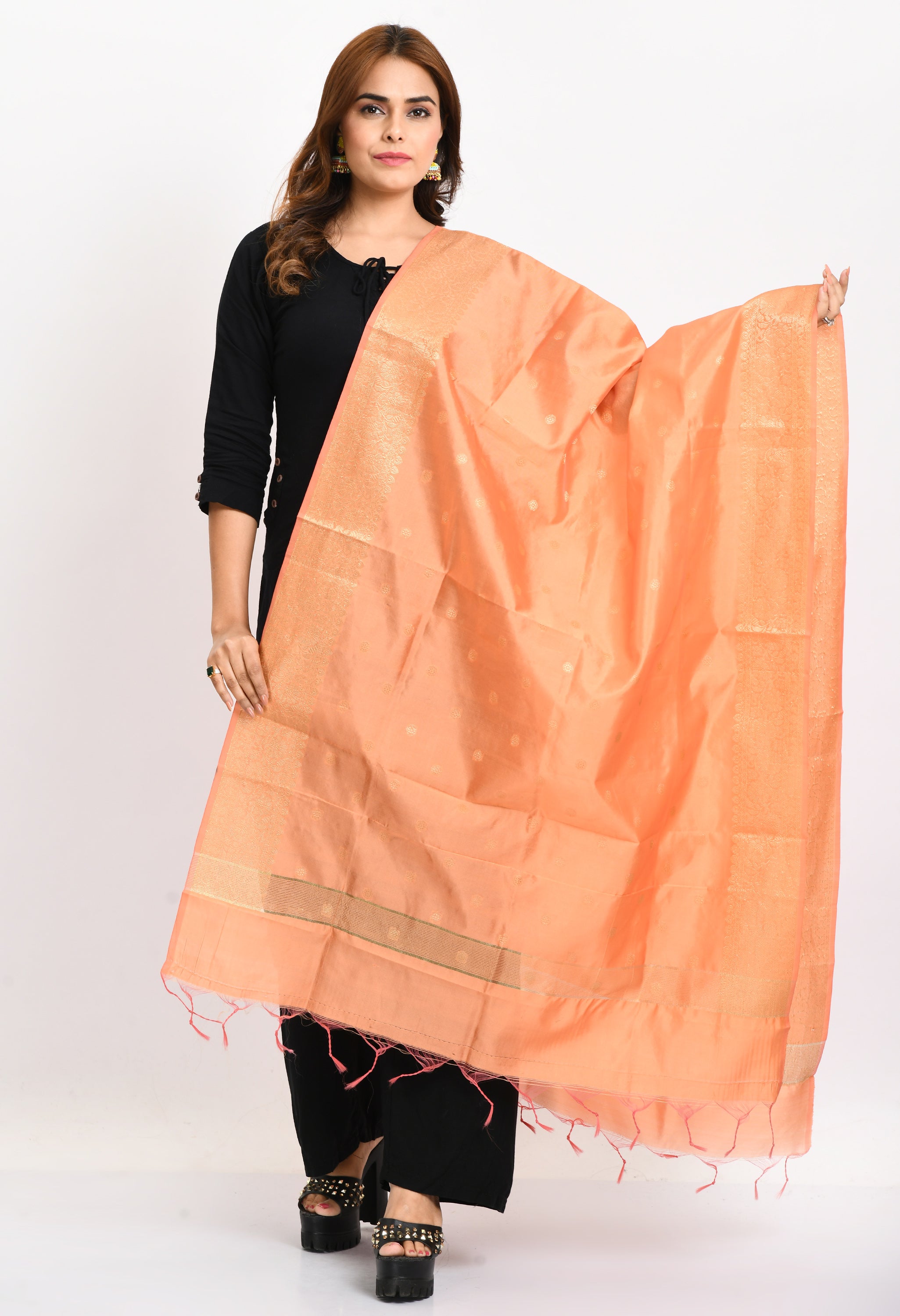 Women's Banarsi Silk Woven Design Peach Dupatta - Moeza