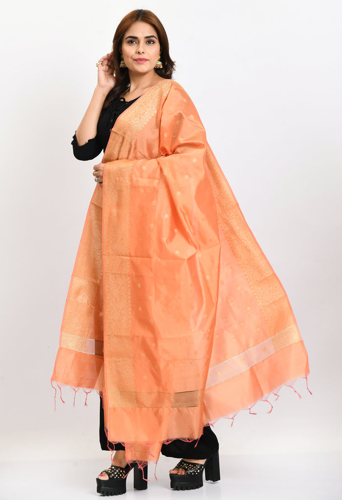 Women's Banarsi Silk Woven Design Peach Dupatta