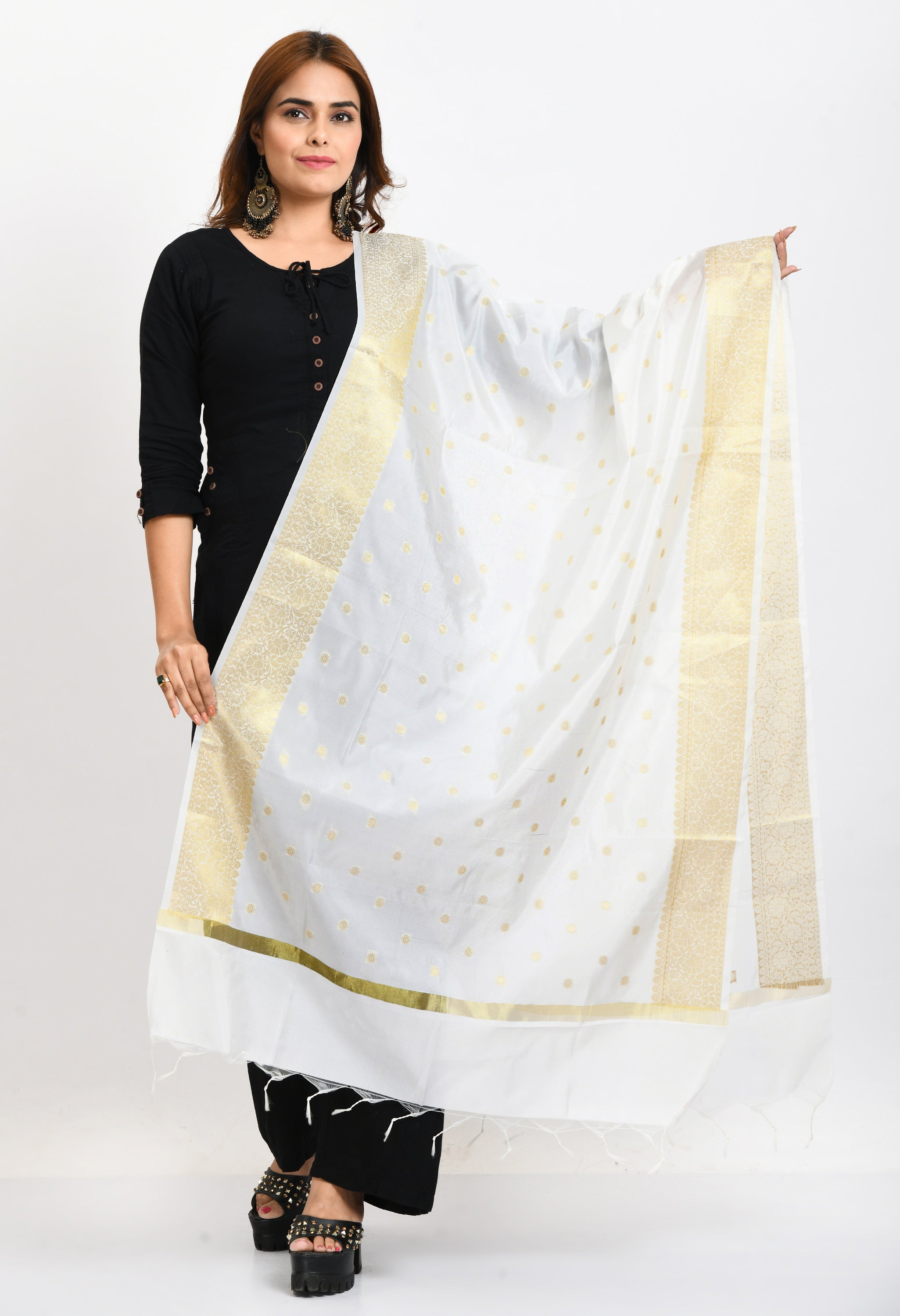 Women's Banarsi Silk Woven Design White Dupatta - Moeza